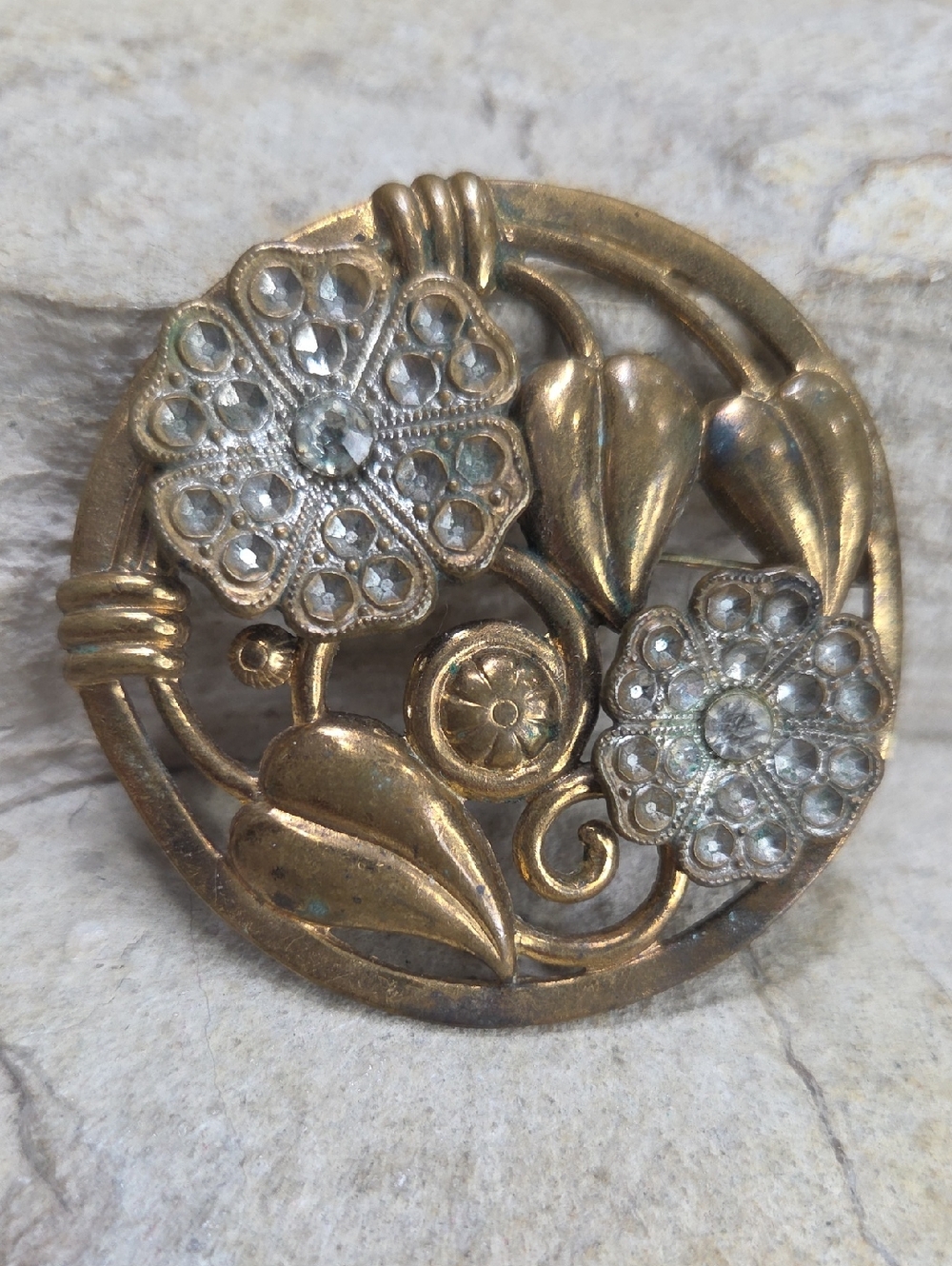 Antique Art Nouveau Gold-Tone Floral Crystal Brooch 1890- 1910